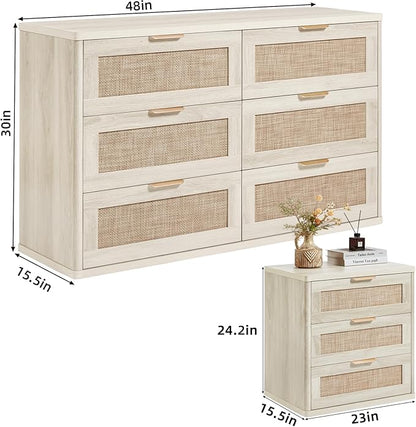 LEYAOYAO Rattan Dresser and Nightstand Set of 2, Boho Wood Dresser for Bedroom with 6 Drawers and Night Stand with 3 Drawer, Bedroom Furniture, Dressers & Chests of Drawers, Living Room, Hallway
