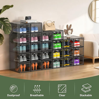 Thicken Hard Clear Shoe Storage Organizer for Closet, 12 Pack Modular Plastic Stackable Shoe Storage Box Organizer, Shoe Sneaker Rack Display Case Containers Bins with Lids, Grey