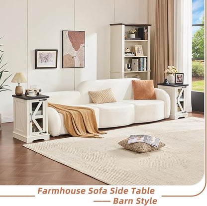 Farmhouse End Table Set 3, Narrow 18'' Night Stand with Glass Barn Door, 24" Square Side Table with Charger Station, Living Room Furniture Sets, Wood Nightstand Bedside Tables for Bedroom