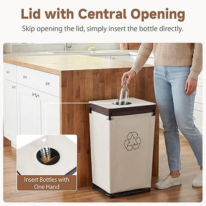 StorageWorks Recycling Bin with Lid, 29Gal Large Recycling Bin for Kitchen, Indoor Recycling Bins with 2 Reusable Washable Bags for Bottles and Cans, Steel Frame Fabric Sorter, 110L, Beige