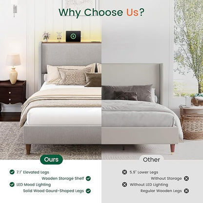 LARMACE Queen Size Bed Frame with LED Lights and Charging Station Linen Upholstered Platform Bed Frame with 51.2" Tall Wingback Headboard and Storage Shelf, No Box Spring Needed, Easy Assembly, Grey