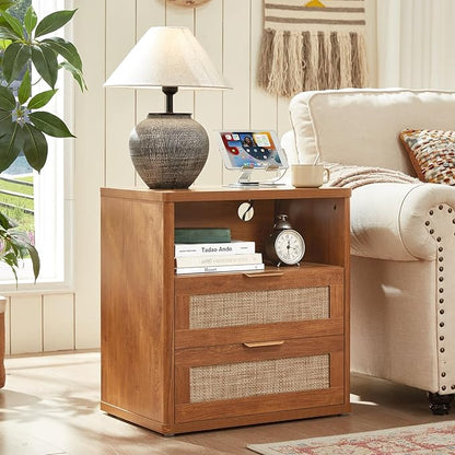 LEYAOYAO Rattan Dresser and Nightstand Set of 2, Boho Wood Dresser for Bedroom with 6 Drawers and Night Stand with Charging Station, Bedroom Furniture, Dressers & Chests of Drawers,Living Room,Hallway
