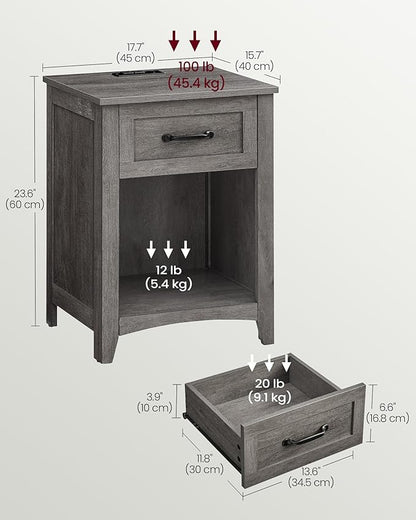 VASAGLE LIRY Collection - Farmhouse Nightstands with Charging Station, Set of 2 Bedside Tables, Side Tables with Drawer, Open Compartment, for Bedroom, Misty Gray ULET859G01