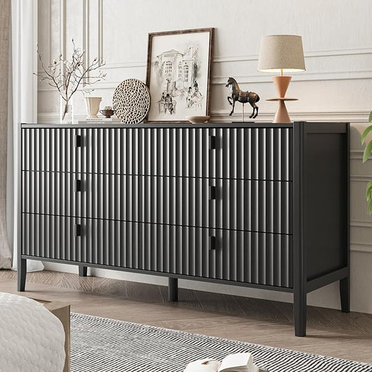6 Drawer Dresser, Modern Chest of Drawers for Bedroom, Wood Fluted Dresser Organizer with Deep Drawers for Clothes, Nightstand for Bedroom, Hallway, Living Room, Entryway, Black