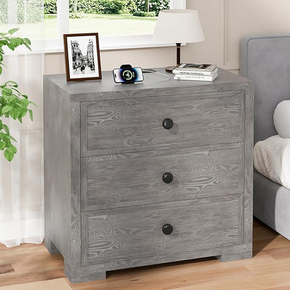 COWMOU Nightstand with Drawers 3 Drawer Night Stand with Charging Station Farmhouse Style Large Bed Side Table Wooden Dresser for Bedroom Living Room (1, Grey Grain)