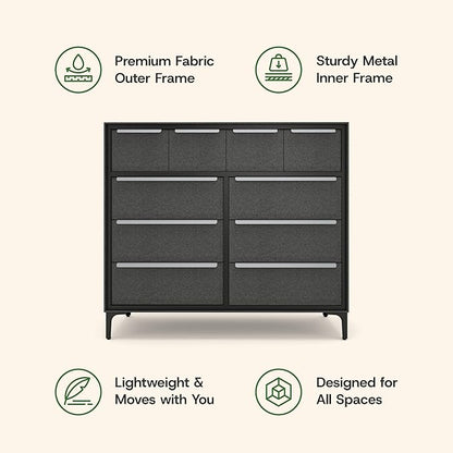 Naima Premium Fabric Dresser - Strong Metal Frame, 10 Spacious Sag-Proof Drawers with Sleek Metal Handles - Premium & Durable Storage Solution for Your Home (Charcoal)