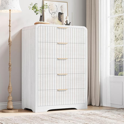 Fluted 5 Drawer Dresser for Bedroom, 43" Tall Dressers & Chests of Drawers Curved Profile Design, Wood Mid Century Vertical Dresser Natural Texture for Bedroom, White Dresser