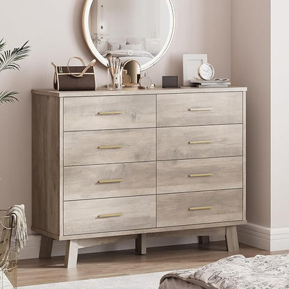 Dresser for Bedroom, 8 Drawer Wide Modern Chest of Drawers with X-Shaped Sturdy Base, Wood Double Dresser Closet Clothes Storage Organizer, Wooden TV Stand for Living Room, Hallway, Grey