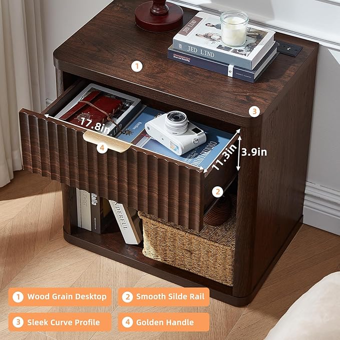 LEYAOYAO Fluted Nightstand with Charging Station, 23" Wide 1 Drawers Night Stand,Walnut End Table with Open Storage,Farmhouse Bed Side Tables, Wood Dresser for Bedroom, Living Room, Closet