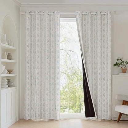 100% Boho Blackout Curtains 84 Inches Long for Bedroom, Blue on Beige Patterned Bohemian Curtains for Living Room, Geometric Striped Thermal Insulated Window Drapes Gromment Top 2 Panels