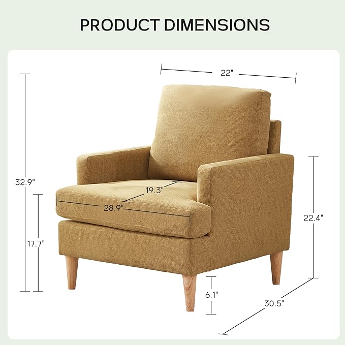 VKNOW Mid-Century Accent Chair, No Tools Assembly Required, Modern Upholstered Polyester Armchair for Living Room,Comfy Reading Accent Chairs with Wood Legs for Bedroom, Yellow