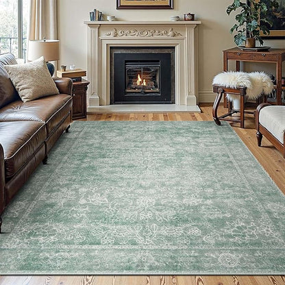 jinchan 6x9 Machine Washable Area Rugs for Living Room – Vintage Floral Soft Stain Resistant Low Pile Rug, Non Slip Ultra-Thin Carpet for Bedroom, Dining Room, Home Office, Nursery (6'x9', Green)