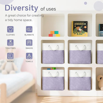 Large 11x11 Inch Cube Storage Bins with Cotton Handles for Closet, Shelves, Clothes, Towel (White/Purple-6 Pack)