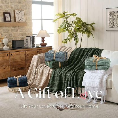 Boho Knitted Chenille Blanket with Tassels - Lightweight & Soft All-Season Throw - 3D Classic Pattern for Living Room Bedroom Couch, Imperial Green, Twin 60"x80"