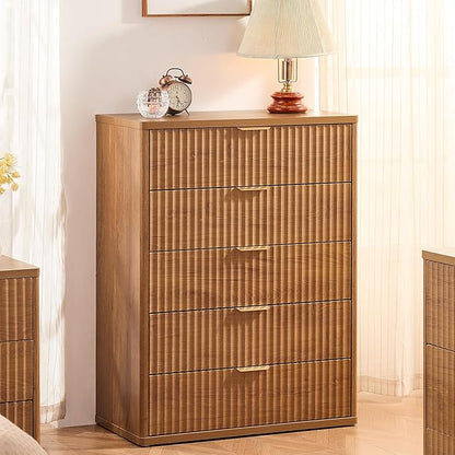 LEYAOYAO Fluted 5 Drawers Dresser for Bedroom, 41" Tall Modern Chest of Drawers with Metal Handle, Curved Profile Farmhouse Closet Organizer Wood Dressers TV Stand for Living Room, Hallway, Navy Blue