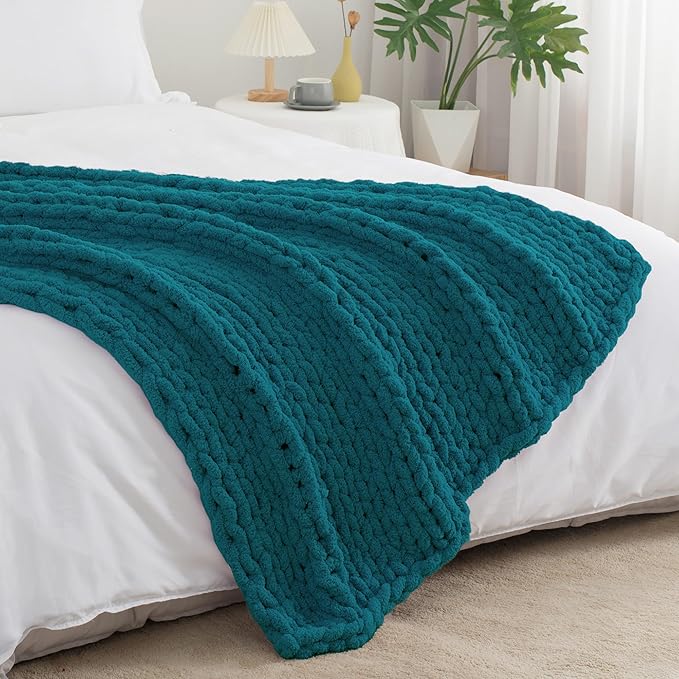 Chunky Knit Throw Blanket 50"X 60", 100% Handmade with Soft Chenille Yarn, 4.4lbs Thick Cable Knitted Blankets, Large Rope Knot Crochet Throws for Couch Sofa Bed Home Decor, Teal