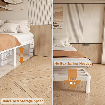 12 Inch Queen Bed Frame No Box Spring Needed, Platform Bed Frame with Metal Gaskets, Heavy Duty Steel Slat Support, Anti-Slip Mattress Stopper, Round Corner Leg, Easy Assembly, White