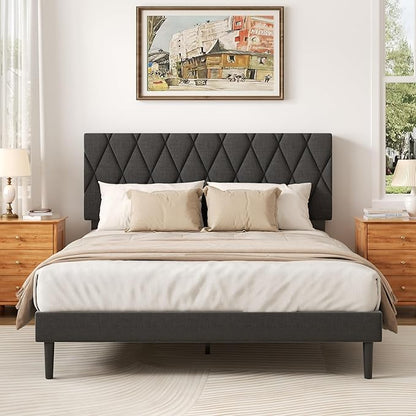 Queen Size Bed Frame with Diamond Tufted Headboard, Linen Upholstered Platform Bed and Wooden Slat Support, Noise-Free, No Box Spring Needed, Easy Assembly, Dark Grey