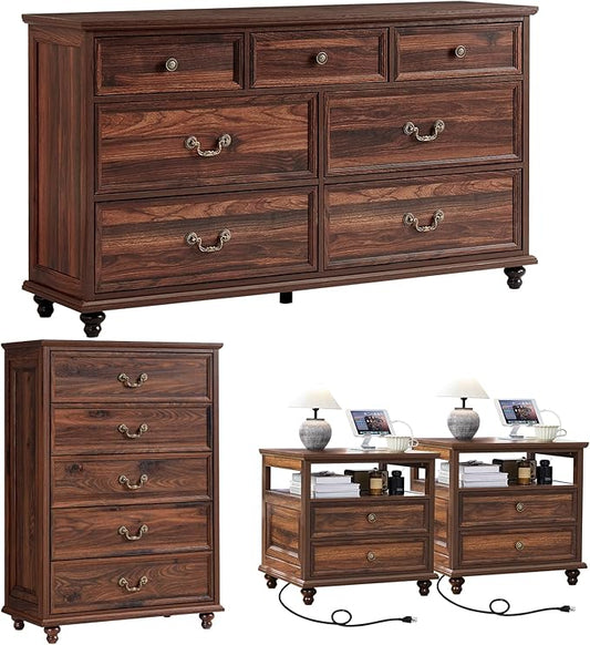 24" Wide Farmhouse Nightstand with Charging Station Set of 2, 54" 7 Drawers Dresser, 45" Tall Rustic Chests of 5 Drawers, Farmhouse Furniture Series for Bedroom,Brown