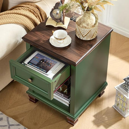 SAVOR LIFE Farmhouse End Tables Living Room Set of 2, Rustic Wood Nightstand with 1 Drawer, Bedside Table with Open Shelf for Bed Room, Side Table for Living Room, Green