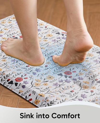 Ophanie Kitchen Mats for Floor, 3/4 inch Thick, 20x39 Anti Fatigue Cushioned Mat, Kitchen Rugs, Waterproof, Comfort Ergonomic Standing Mat for Office, Home, Sink, White Flower Non-Slip Ridged Bottom