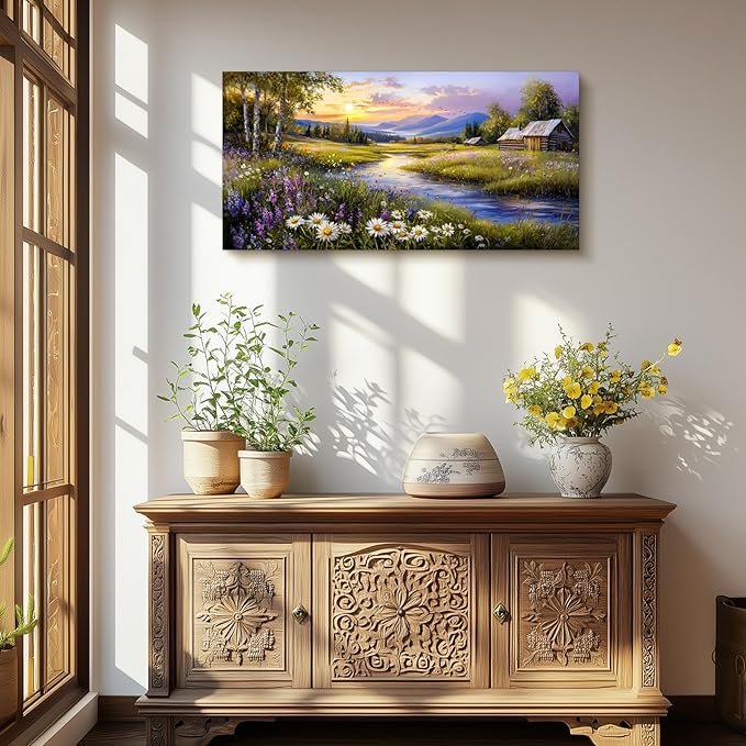 SERIMINO Large Wall Art Prints, Rural Landscape Wall Decor, Meadow Wildflower Canvas Painting, River Cottage Pictures Home Decor Living Room Bedroom, Green Scenery Farmhouse Decor Artwork 20"X40"