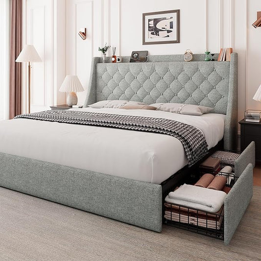 Feonase Upholstered Full Size Bed Frame with 4 Storage Drawers, Charging Station and Tufted Wingback Storage Headboard, No Box Spring Needed, Easy Assembly, Light Grey