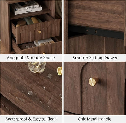 Nightstand with Charging Station, Mid Century Modern Nightstand with Arched Design, Minimalist End Table with Wood Grain Texture, Bedside Table for Bedroom Living Room Sofa Office, Walnut