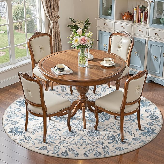 jinchan Torino Classic Floral Round Rug 6ft, Vintage-Inspired Design 6’Circle Rug, Machine Washable Ultra-Thin Low-Pile Non-Slip Indoor Carpet for Bedroom Dining Room Living Room Entryway, Dark Blue