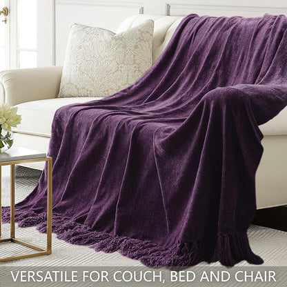 Chenille Throw Blanket for Couch 60"X 80" Twin, Soft Cozy Throws with Fringe Tassel for Bed Sofa Chair Cover, Lightweight Knitted Decorative Boho Blankets for Living Room, Dark Purple
