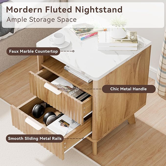 Fluted Nightstand Set of 2, 18" Modern Night Stand with Faux Marble Top, Open Storage Shelf, Fluted Bedside Table for Bedroom, End Table Side Table, Oak
