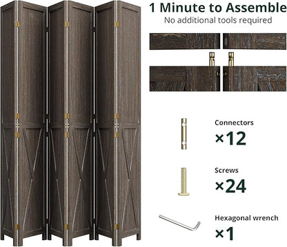 Cozy Castle Wood Room Divider, 6 Panels Folding Privacy Screen, 66.9'' Wall Divider, Barnwood Room Separator, Freestanding Partition, Temporary Wall for Decorative, Rustic Brown