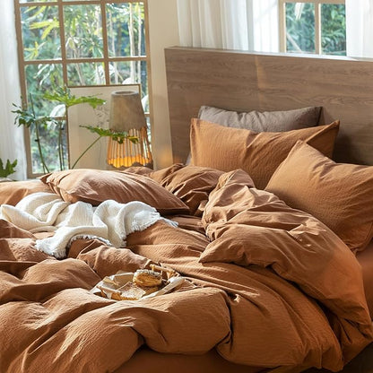 MooMee Wavy Striped Duvet Cover Set 100% Washed Cotton Linen Like Textured Breathable Durable Soft Comfy (Dark Orange, Oversized Queen 98"x98")