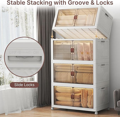 640Qt Stackable Storage Bins with Lids, 4 Pack Large Collapsible Bins with Wheels, Plastic Cabinet with Doors, Foldable Closet Organizers and Storage for Home, Dorm, Office, White