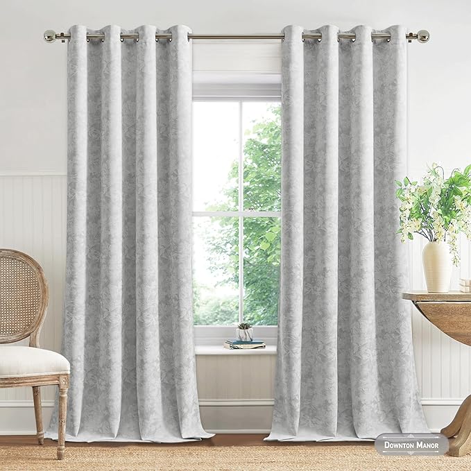 Beauoop Grey Floral Jacquard Blackout Curtains 96 Inches Long 2 Panels for Bedroom Living Room Gray Flower Chenille Room Darkening Thermal Insulated Soundproof Grommet Window Treatments Drapes, 52x96