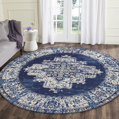 vivorug Round Rug 6ft Vintage Round Area Rug Non-Slip Indoor Carpet for Living Room Bedroom Entryway, Stain Resistant Home Decor Circle Rug, Navy Blue