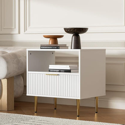 White Nightstand Set of 2, Modern Nightstand with Drawer, End Table with Storage, Bed Side Table with Open Space for Bedroom, Living Room, White