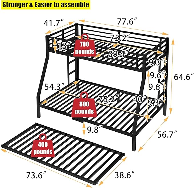 SIGONE Stronger & Safer Heavy Duty Twin Over Full Bunk Bed with Twin Trundle for Adults Teens, Thickened More Stable Metal Bunkbed Frame (Greater Weight Capacity)