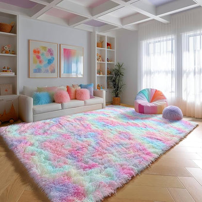 PAGISOFE 4x6 Rainbow Fluffy Soft Plush Area Rugs for Girls Bedroom, Shaggy Rugs for Kids Playroom,Kawaii Princess Fuzzy Rugs for Nursery Baby Toddler,Cute Colorful Room Decor for Teenage
