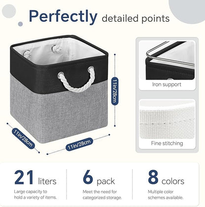 Fabric Cubes Storage Basket, 6 Pack 11x11 in with Handles Cube Storage Bins, for Shelves, Home, Office Organizers (Black/ Gray)