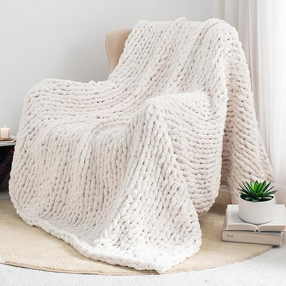 Chunky Knit Throw Blanket 50"X 60", 100% Handmade with Soft Chenille Yarn, 4.4lbs Thick Cable Knitted Blankets, Large Rope Knot Crochet Throws for Couch Sofa Bed Home Decor, Cream White