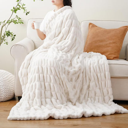 BATTILO HOME Cream Faux Fur Throw Blanket, Double Side Ruched Rabbit Fur Blanket for Couch, Bed, Super Soft Cozy Fuzzy Mink Blanket, 50"x60"(Ivory)