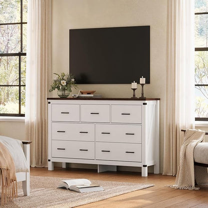 LINSY HOME Farmhouse Dresser for Bedroom with 7 Drawers, 53” Wide Rustic Wood Chest with Deep Drawer, Modern Dressers with Storage and Metal Handles for Closet, Living Room, Hallway, Off White