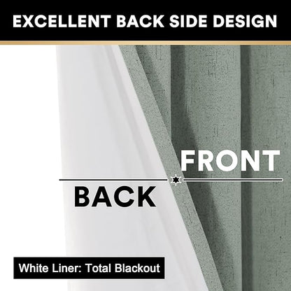 PrinceDeco Linen Texture Curtains 100% Blackout Curtains 64 inch Long 2 Panels Set for Bedroom Grommet Top Flax Textured Full Blackout Window Draperies Thermal Insulated White Liners,42 X64, Green Bay