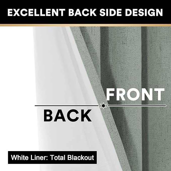 PrinceDeco Blackout Curtains 63 Inch Length 100% Blackout Linen Curtains with White Liner Thermal Insulated Textured Blackout Curtains for Windows 2 Panels Set,52" W x 63" L,Green Bay