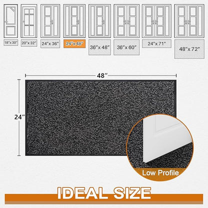 Mibao Front Door Mat, Dirt Trapper Welcome Mat for Outdoor Indoor, Non-Slip Waterproof Doormat, Durable Machine Washable Low Profile Entry Rug for Back Door Outside Patio Porch, 48" x 24", Black