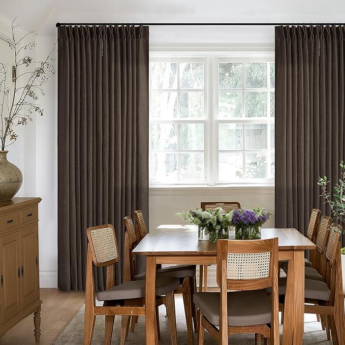 Dark Chocolate Pinch Pleated Linen Curtains 2 Panels for Living Room Bedroom Memory Training Shaped Semi Sheer Pleat Drapes with Hooks Rings Light Filtering Window Curtain 40x84