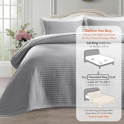 Oversized King Quilt Set 112"x106" – Soft Washed 3-Layer Lightweight California King Bedspread, Minimalist Nordic Design, All-Season Spring & Summer Quilt Set (1 Quilt + 2 Pillow Shams), Solid Grey