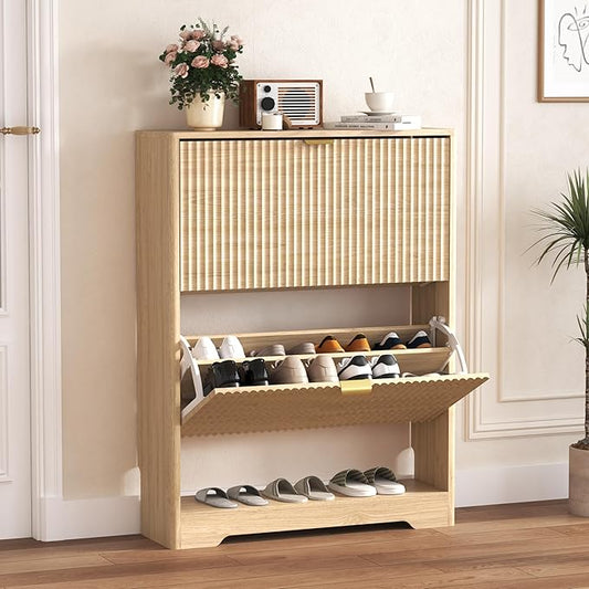 Shoe Cabinet Storage for Entryway with 2 Flip Drawers, Fluted Shoe Cabinet with Open Storage, Wooden Hidden Shoe Rack Freestanding Narrow Slim Shoe Organizer for Hallway, Entrance