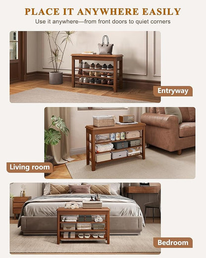 Shoe Rack Bench Seat Rubberwood 3-Tier Wooden Storage Bench 550lbs Compact Mid-Century Modern Design for Entryway, Hallway, Closet, Front Door Entrance, Foyer
